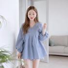 V-neck Puff-sleeve Gingham Top