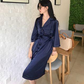 Contrast Trim Notch Lapel 3/4 Sleeve Shirt Dress