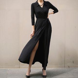 Long-sleeve V-neck A-line Maxi Dress