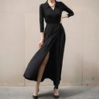 Long-sleeve V-neck A-line Maxi Dress