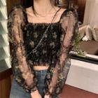 Puff-sleeve Sheer Floral Blouse White Floral - Black - One Size