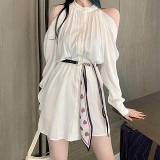 Long-sleeve Cold Shoulder Button-up Mini A-line Dress