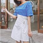 Set: Elbow-sleeve Stripe T-shirt + Asymmetrical A-line Skirt
