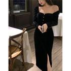 Long-sleeve Square Neck Side-slit Midi Sheath Dress Black - One Size