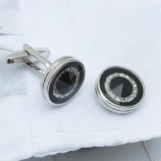 Round Rhinestone Cuff Link Black, Silver - One Size