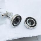 Round Rhinestone Cuff Link Black, Silver - One Size