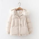 Furry Trim Hooded Padded Zip-up Jacket