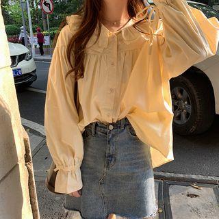 Long-sleeve Ruffled Buttoned Shirt Light Khaki - One Size