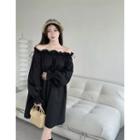 Off-shoulder Ruffle Mini Shift Dress Black - One Size