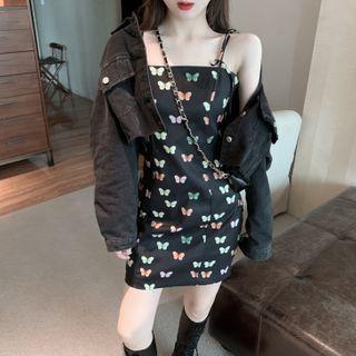 Crop Denim Jacket / Butterfly Print Sleeveless Dress