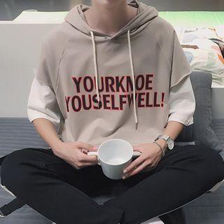Mock Two-piece 3/4-sleeve Lettering Hoodie