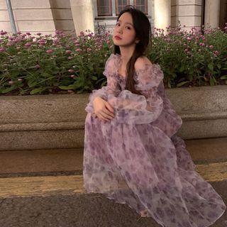 Puff-sleeve Floral Print Midi A-line Mesh Dress Light Purple - One Size