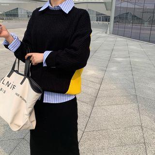 Color Block Sweater / Striped Shirt / Midi Knit Skirt