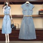 Set: Cap-sleeve Denim Midi Shirtdress + Belt