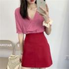 Plain V-neck Short-sleeve Knit Top / Skirt
