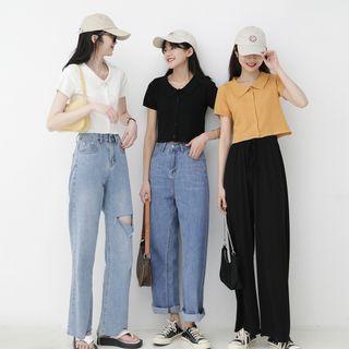 Short-sleeve Collared Pointelle Knit Crop Top