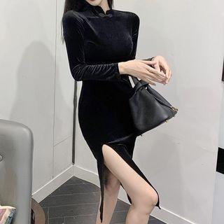 Long-sleeve Frog Button Slit Midi Sheath Dress