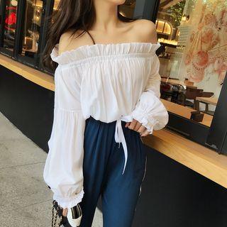 Ruffled-trim Off Shoulder Long Sleeved Top White - One Size