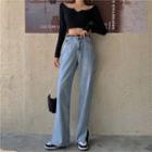 High-waist Washed Straight-cut Split Jeans