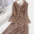 Long-sleeve Ribbed Knit Midi A-line Dress