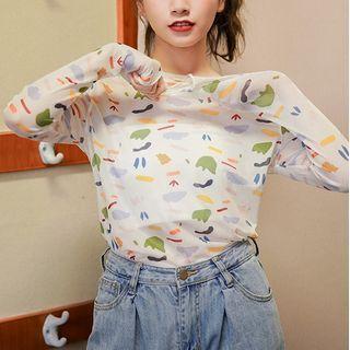 Long-sleeve Print Mesh T-shirt White - One Size
