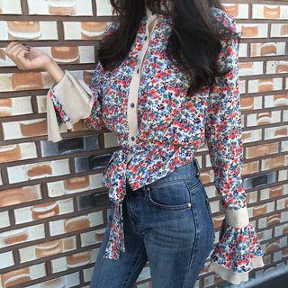 Floral Print Bell-sleeve Blouse With Sash