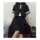 Cross Print Short Sleeve Shirt / Plain Midi Flared Skirt