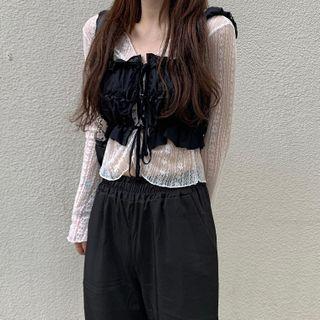 Long-sleeve Lace Top / Spaghetti Strap Lace-up Top / Wide-leg Pants