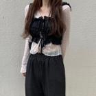 Long-sleeve Lace Top / Spaghetti Strap Lace-up Top / Wide-leg Pants