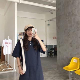 Plain Elbow-sleeve T-shirt Dress Dark Blue - One Size