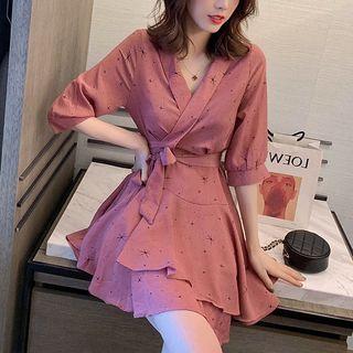 Elbow-sleeve Drawstring Pattern Dress