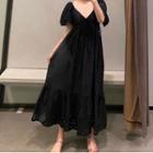 Short-sleeve Eyelet Lace Trim A-line Maxi Dress