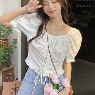 Puff-sleeve Lace-up Plain Blouse White - One Size