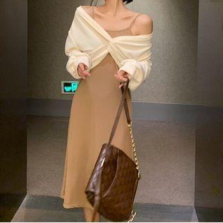 Spaghetti Strap Midi A-line Dress / Twisted Cropped Sweatshirt