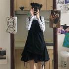 Long-sleeve Printed Mock-neck Top / Buckled A-line Mini Pinafore Dress