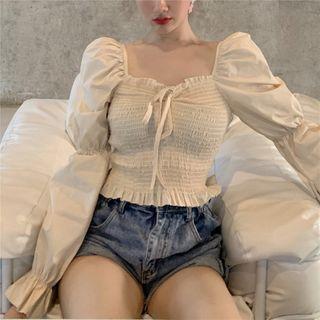 Off-shoulder Ruffle Trim Plain Top Almond - One Size