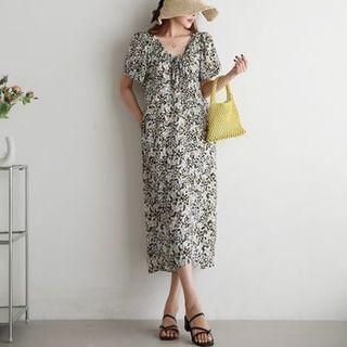 Drawstring U-neck Floral Midi Dress