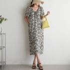 Drawstring U-neck Floral Midi Dress