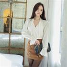 Tie-neck Puff-sleeve Faux-pearl Blouse