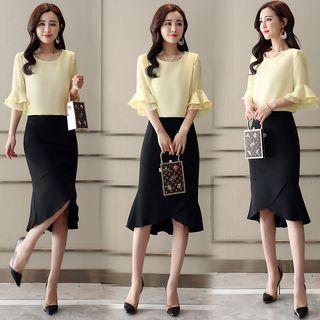 Set: Chiffon Elbow Sleeve Blouse + Straight Cut Skirt