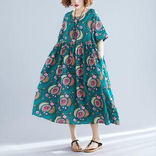 Elbow-sleeve Printed Midi Dress Green - One Size