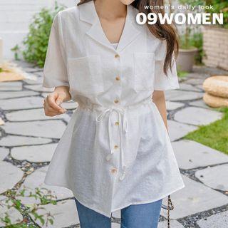 Plus Size Open-placket Drawstring Shirt