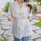 Plus Size Open-placket Drawstring Shirt