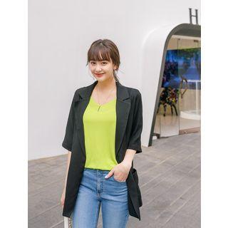 Plus Size Elbow-sleeve Loose-fit Linen Blazer