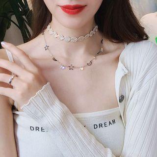 Faux Crystal Alloy Moon & Star Layered Choker Necklace Necklace - Beige & Black - One Size