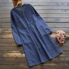 Long-sleeve Midi Embroidered Denim Dress Denim Blue - One Size