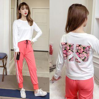 Set: Long-sleeve Floral Print T-shirt + Contrast Trim Jogger Pants