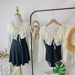 Ruffled Long-sleeve Two-tone Swim Dress / Swimsuit
