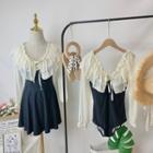 Ruffled Long-sleeve Two-tone Swim Dress / Swimsuit