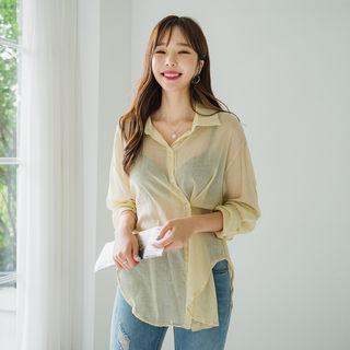 Drop-shoulder Tie-waist Sheer Shirt
